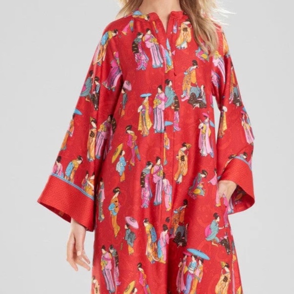 Natori Other - Natori Women’s L Red Poly-Satin With Colorful Figures Half-Zip Robe/Caftan